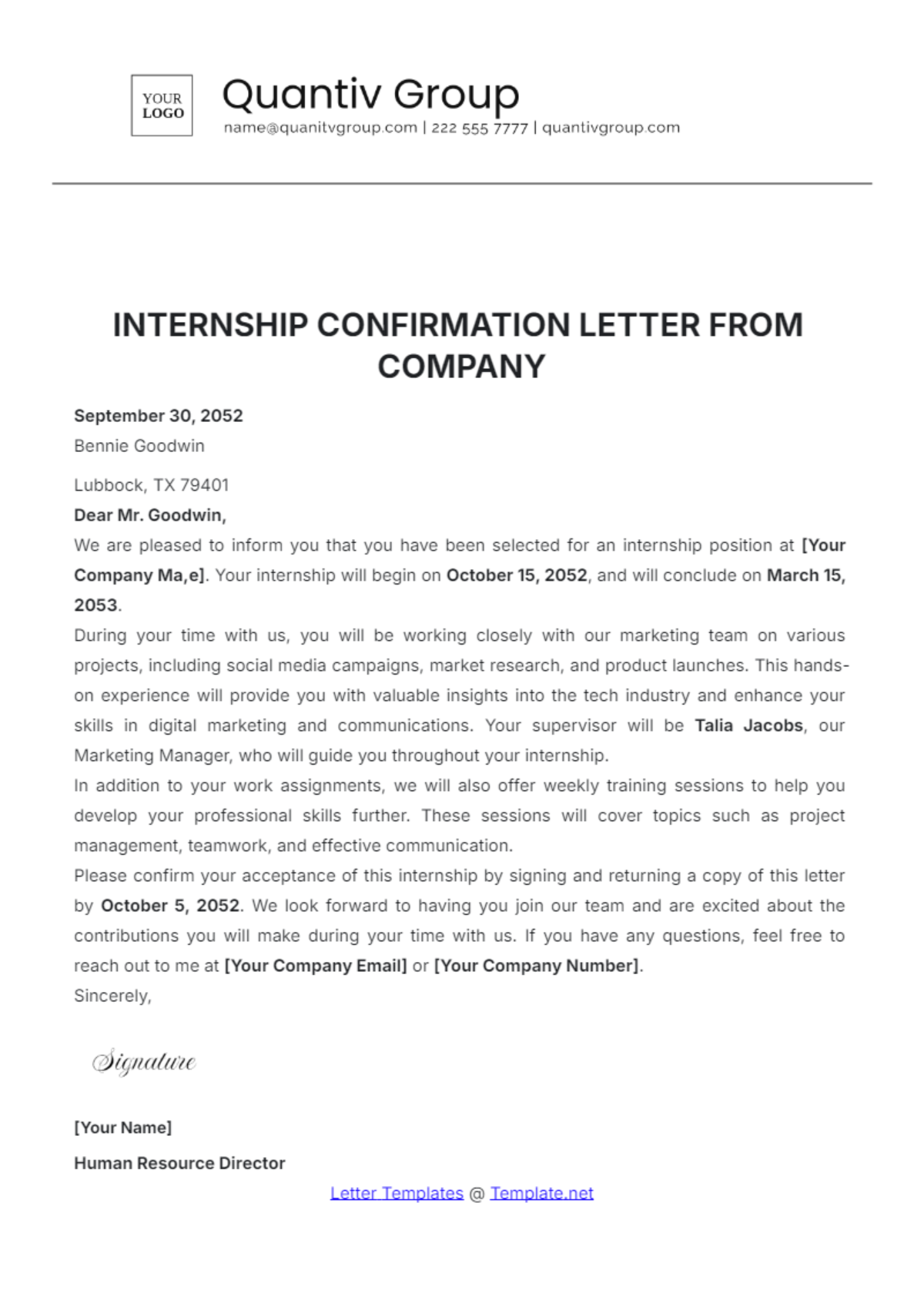 Internship Confirmation Letter from Company Template