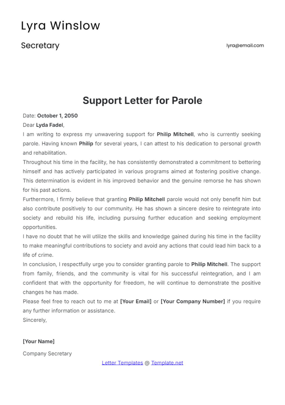 Support Letter Template for Parole