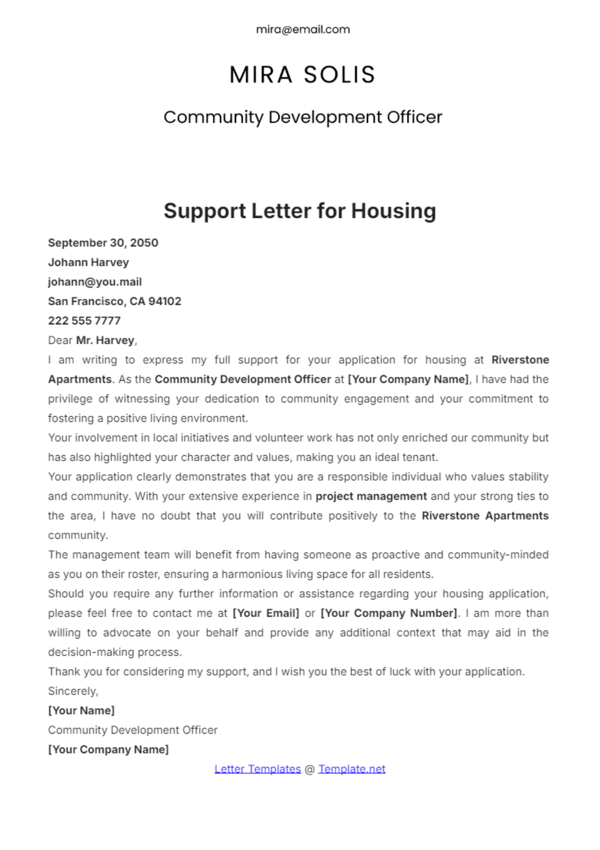 Support Letter Template for Housing