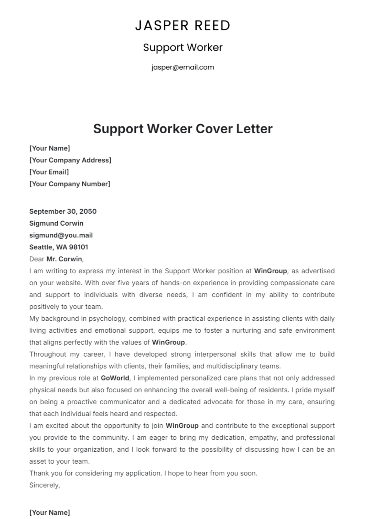 Support Worker Cover Letter Template