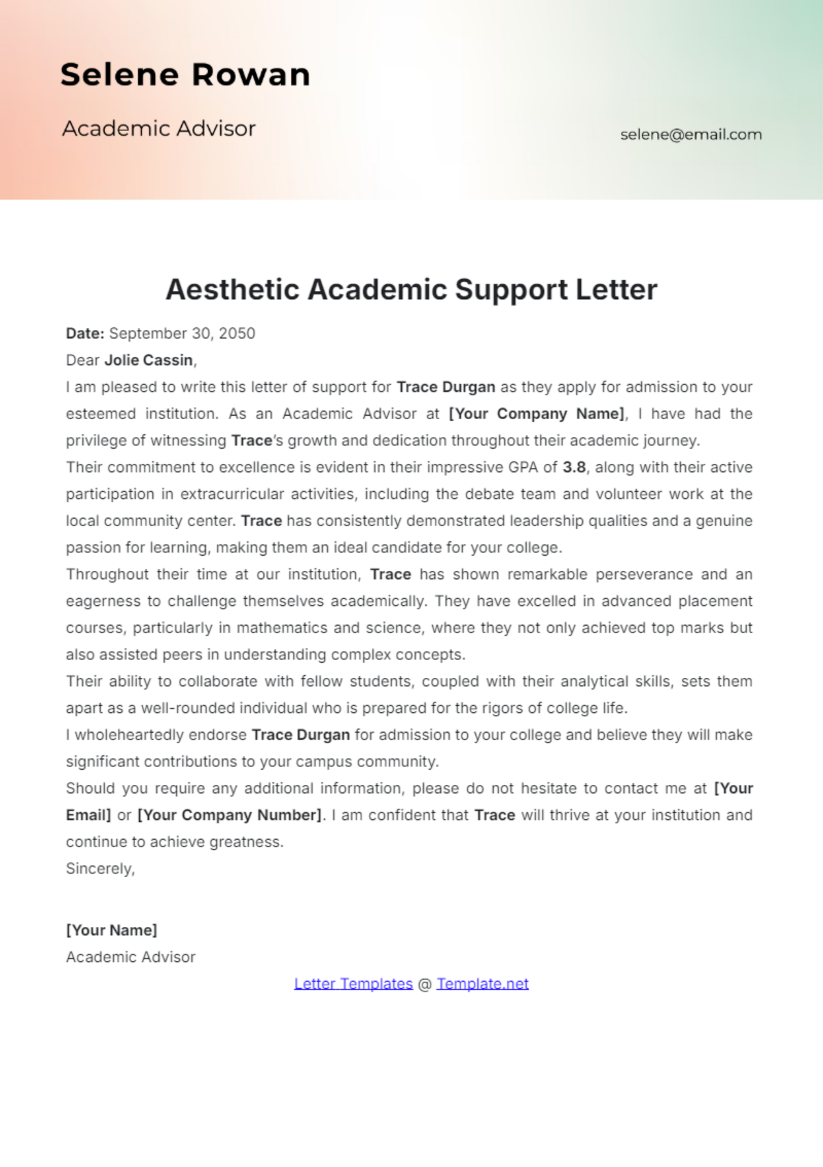 Aesthetic Academic Support Letter Template - Edit Online & Download