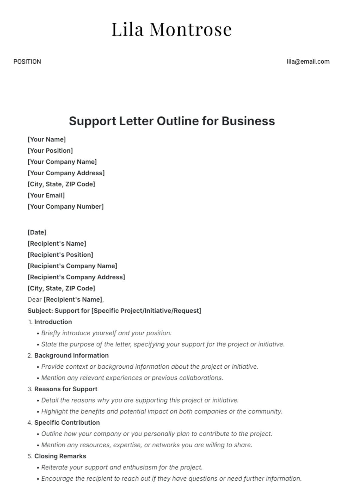 Support Letter Outline for Business Template - Edit Online & Download