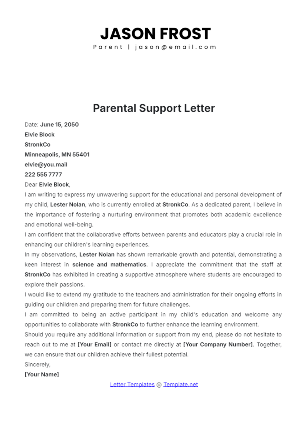 Parental Support Letter Template