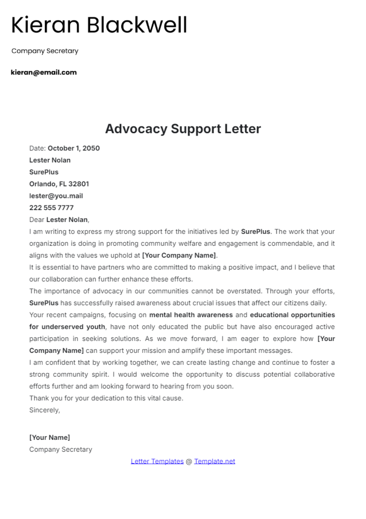 Advocacy Support Letter Template