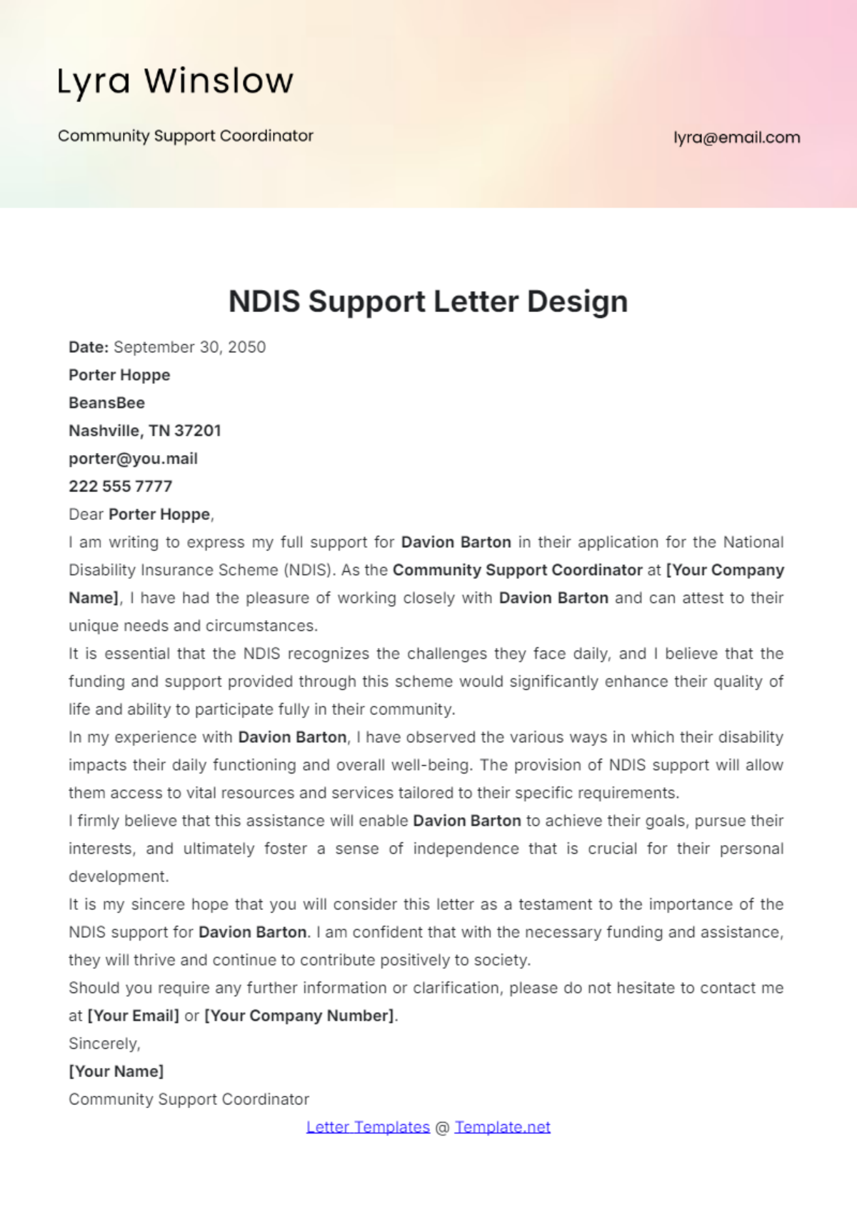 NDIS Support Letter Design Template