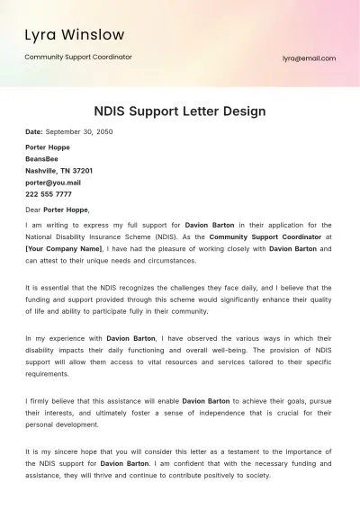 Free NDIS Support Letter Design Template to Edit Online