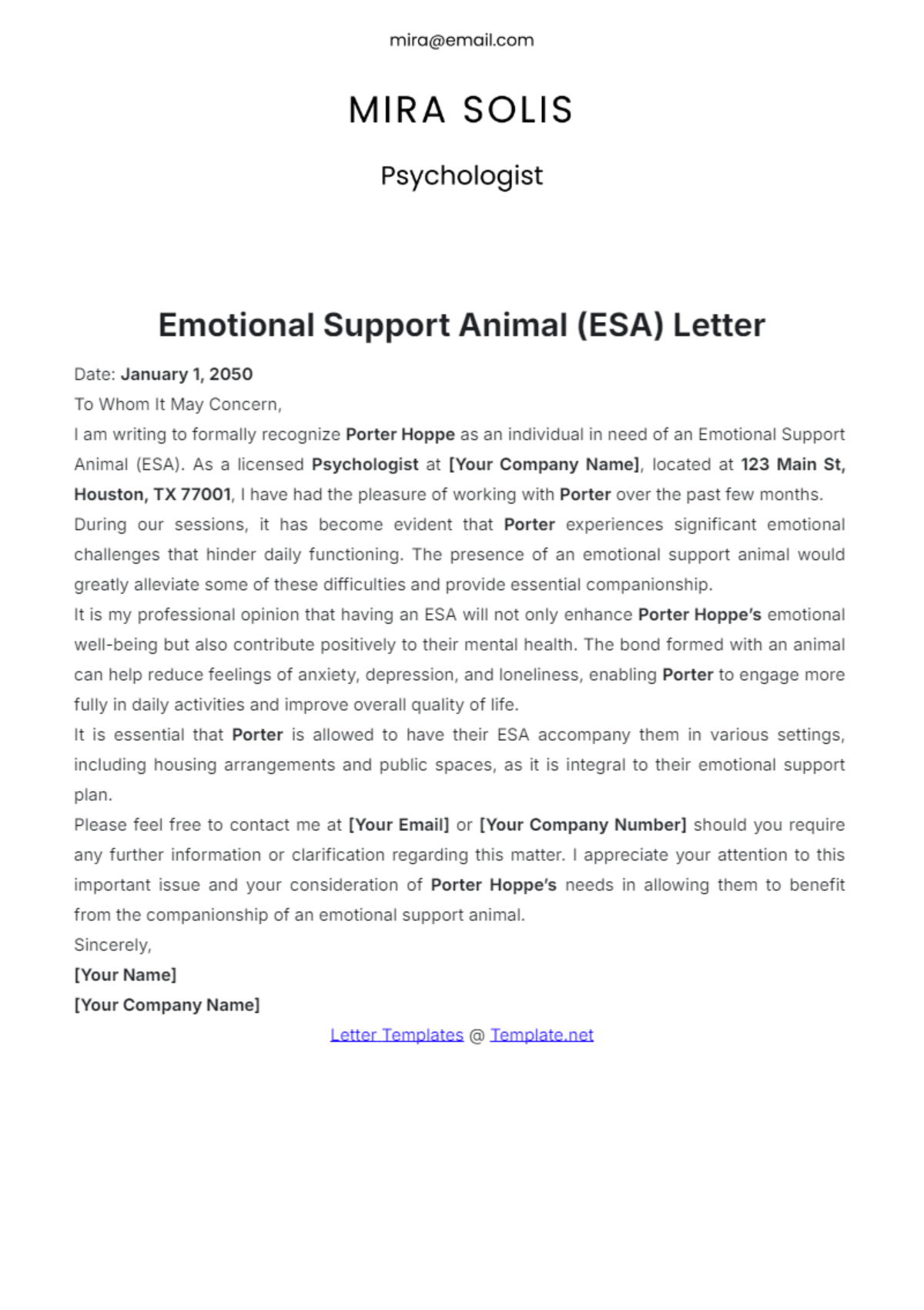 Emotional Support Animal (ESA) Letter Template