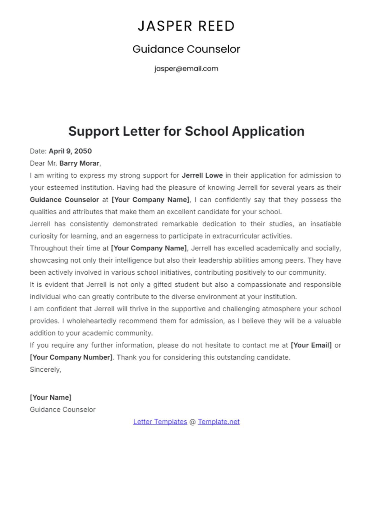 Support Letter Template for School Application - Edit Online & Download