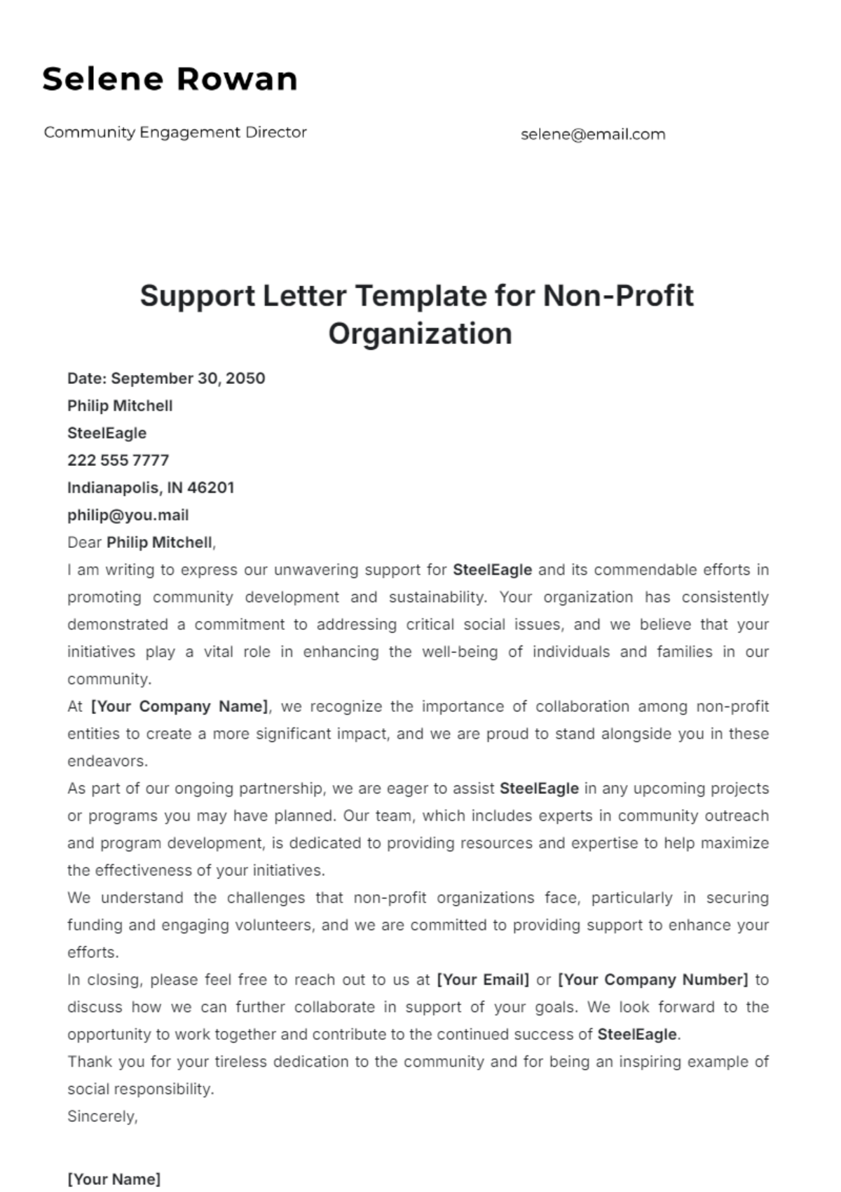 Support Letter Template for Non-Profit Organization