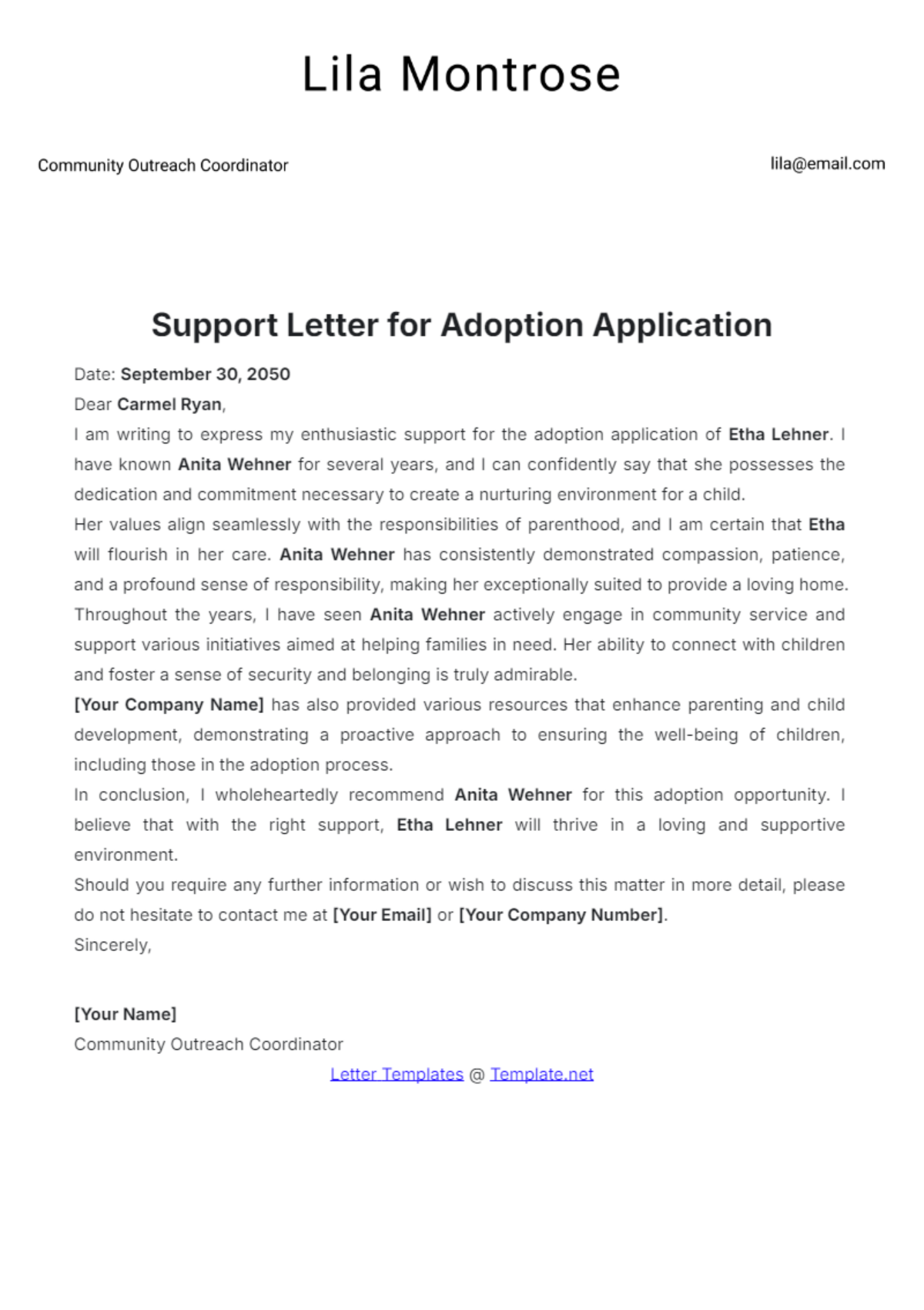 Support Letter Template for Adoption Application