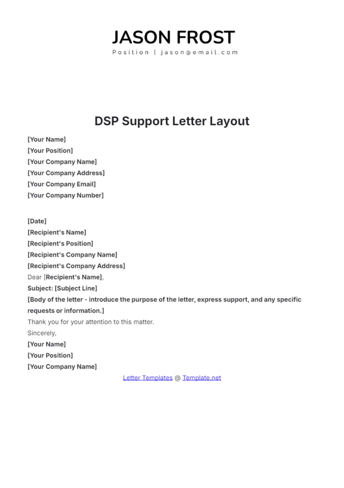 DSP Support Letter Layout Template - Edit Online & Download