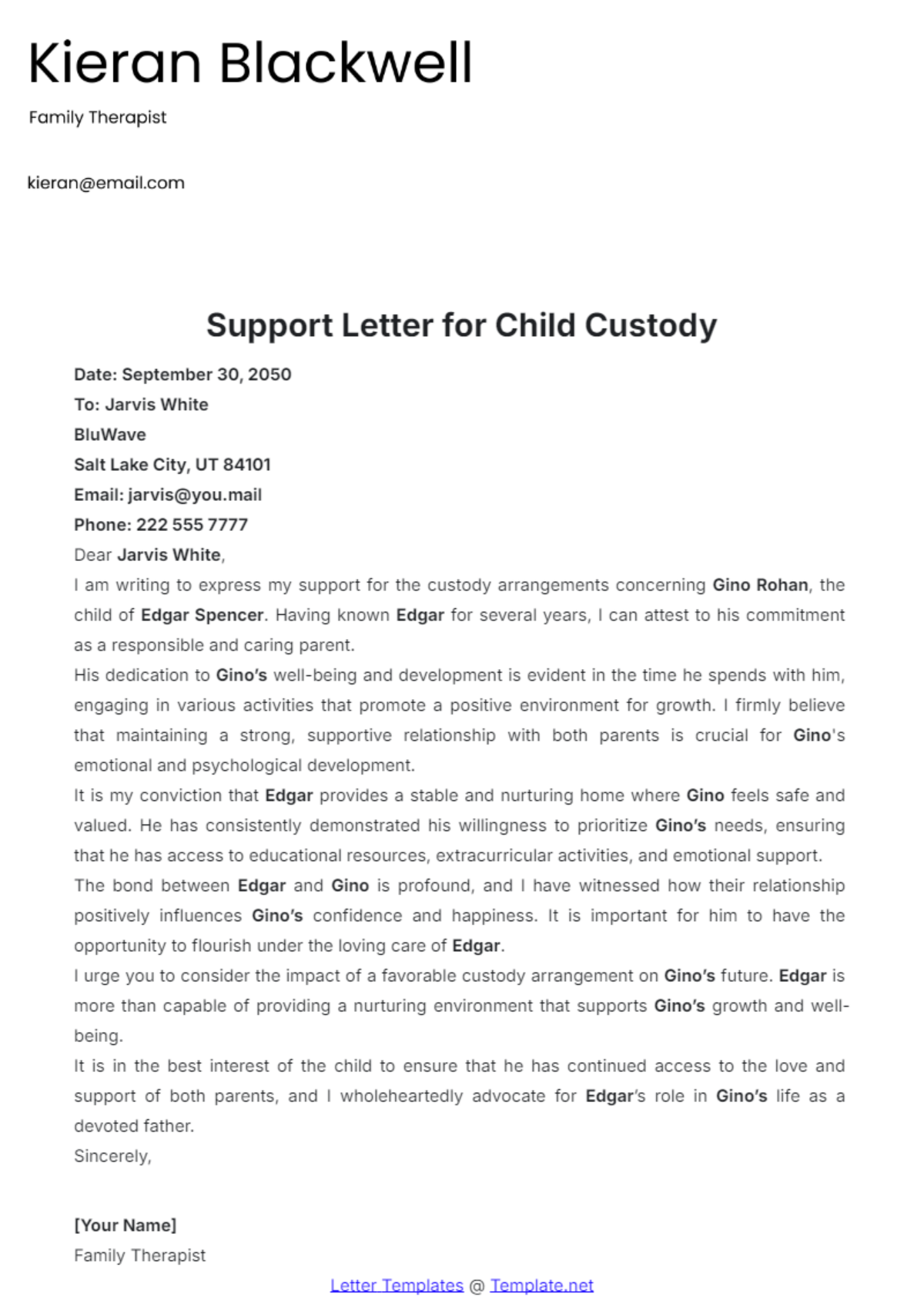 Support Letter Template for Child Custody