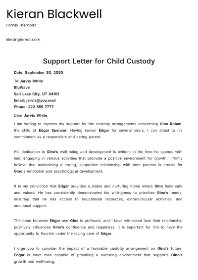 Free Support Letter Template for Child Custody to Edit Online