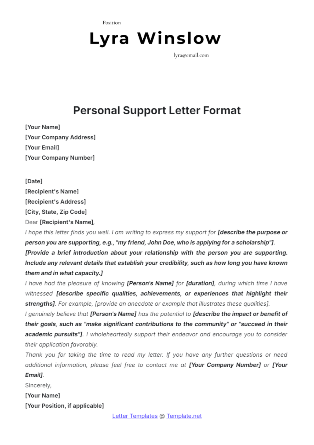 Personal Support Letter Format Template - Edit Online & Download