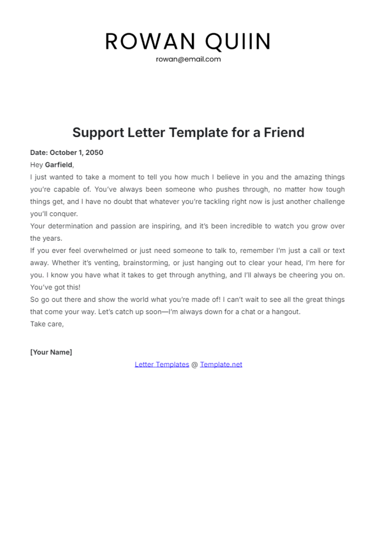 Support Letter Template for a Friend