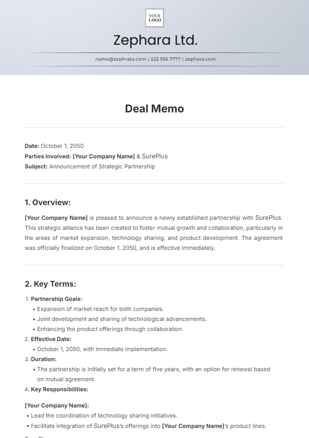 Printable Deal Memo Template - Edit Online & Download