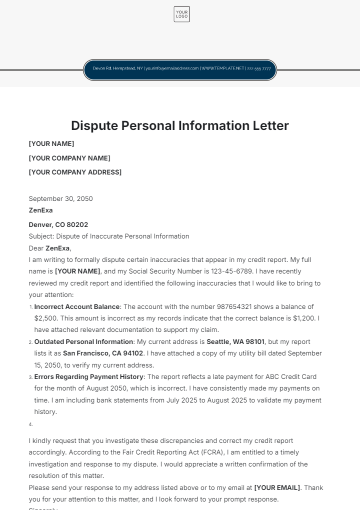 Dispute Personal Information Letter Template - Edit Online & Download