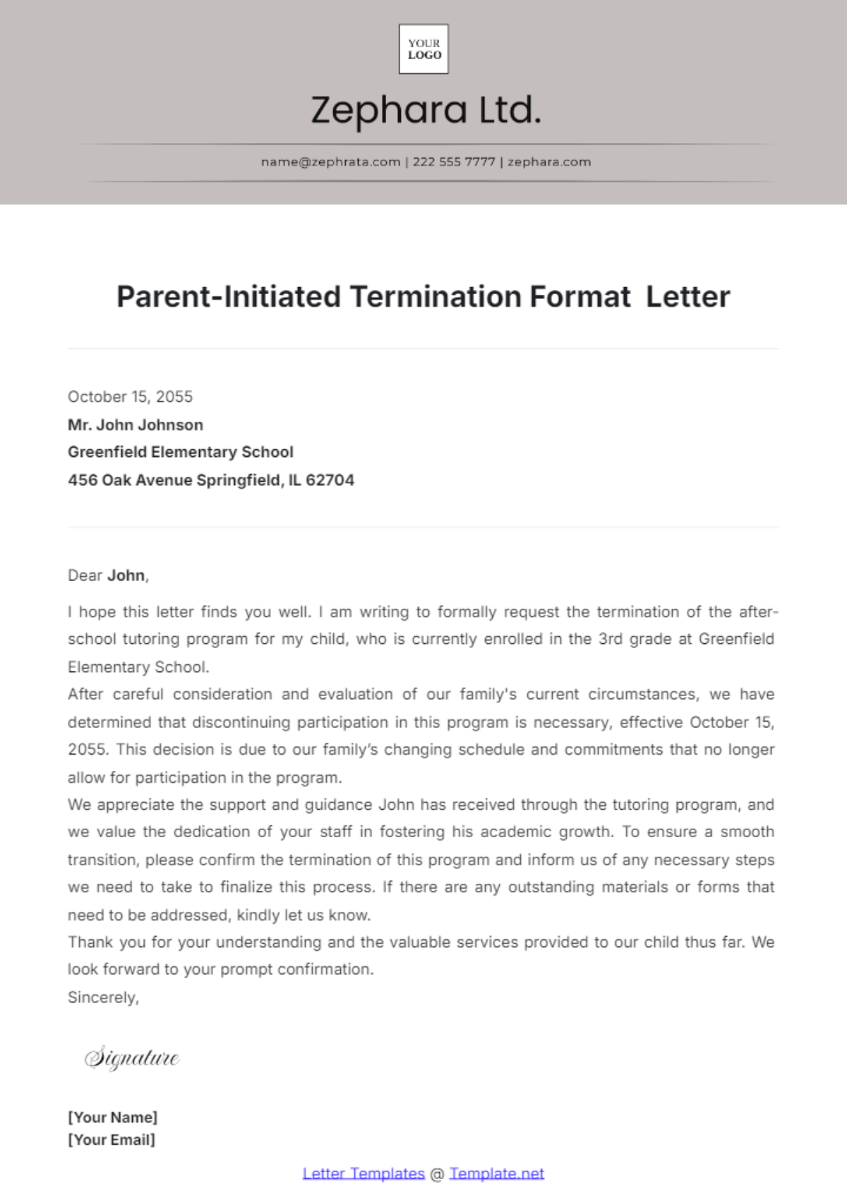 Parent-Initiated Termination Format  Letter Template - Edit Online & Download