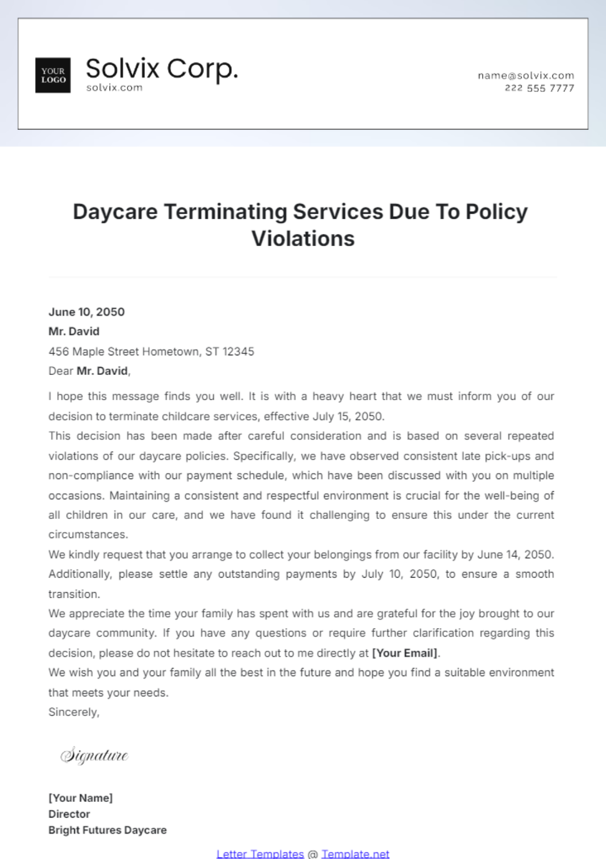 Daycare Terminating Services Due To Policy Violations Template