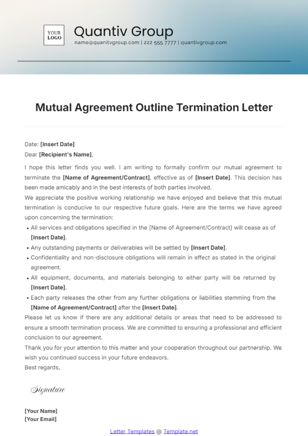 Mutual Agreement Outline Termination Letter Template