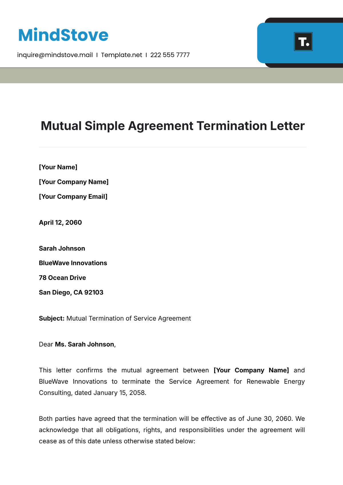 Mutual Simple Agreement Termination Letter Template - Edit Online & Download