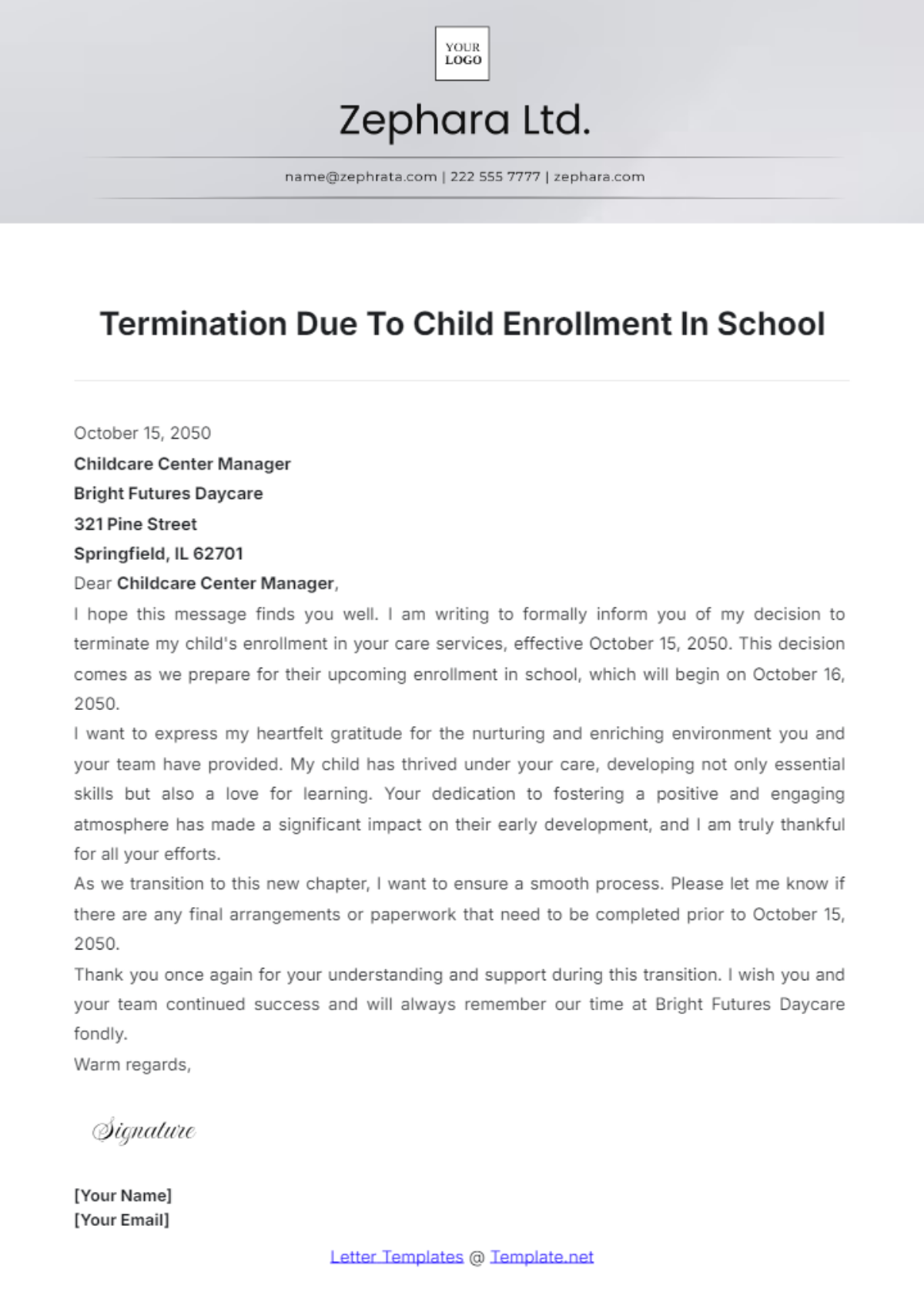 Termination Due To Child Enrollment In School Template