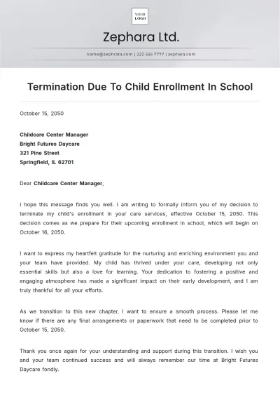 Free Termination Due To Child Enrollment In School Template to Edit Online
