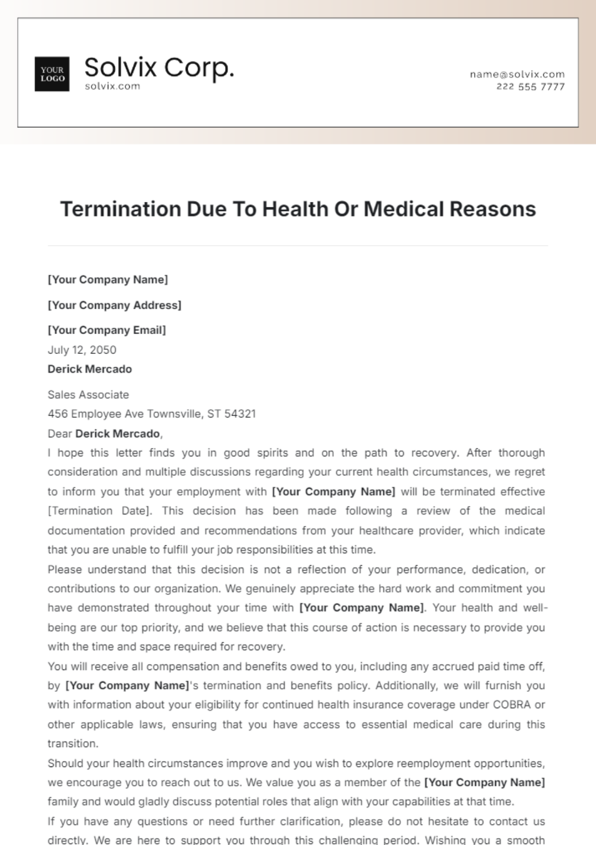 Termination Due To Health Or Medical Reasons Template