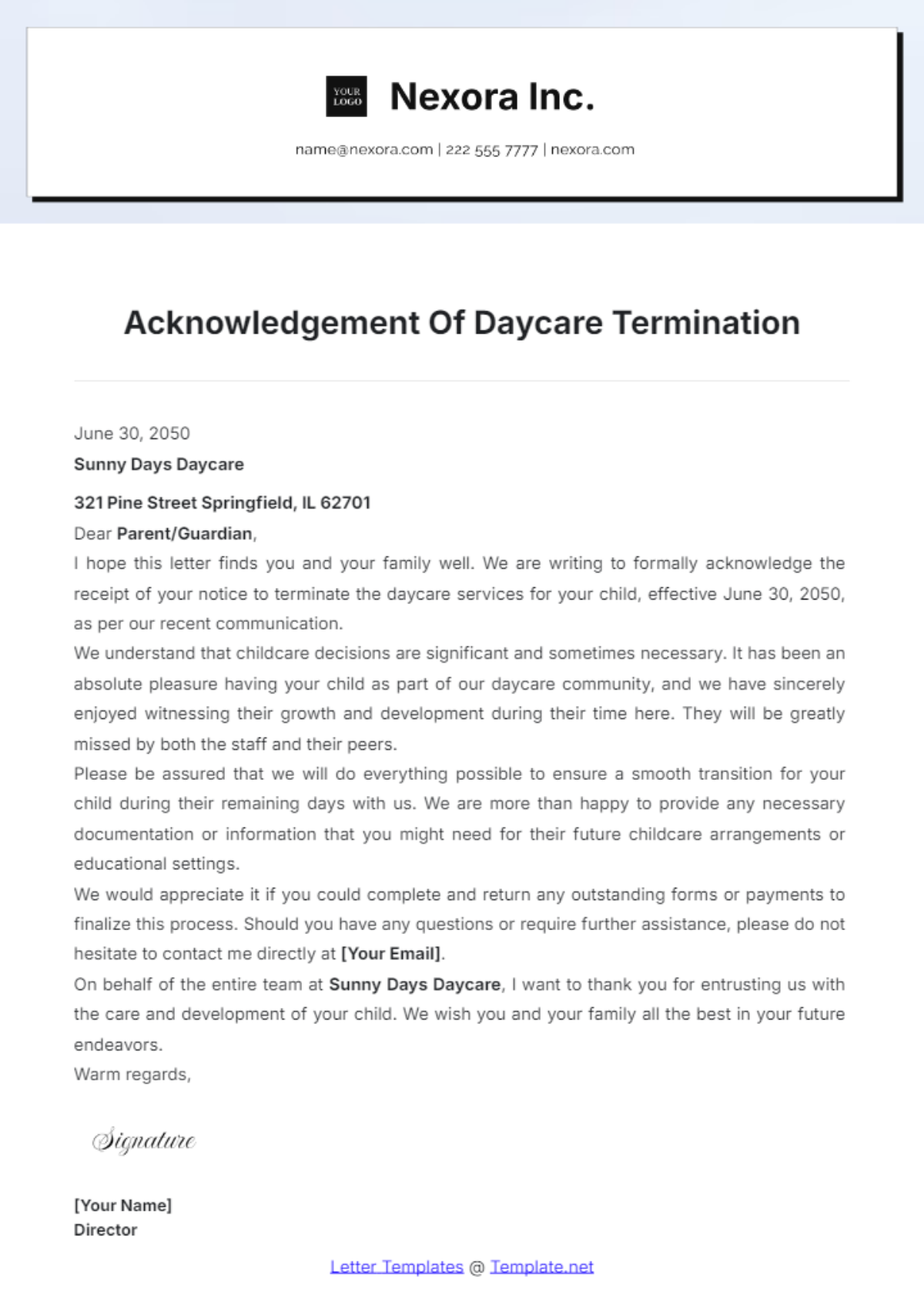 Acknowledgement Of Daycare Termination Template