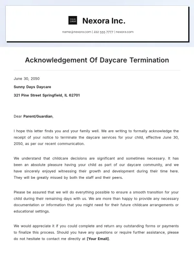 Free Acknowledgement Of Daycare Termination Template to Edit Online