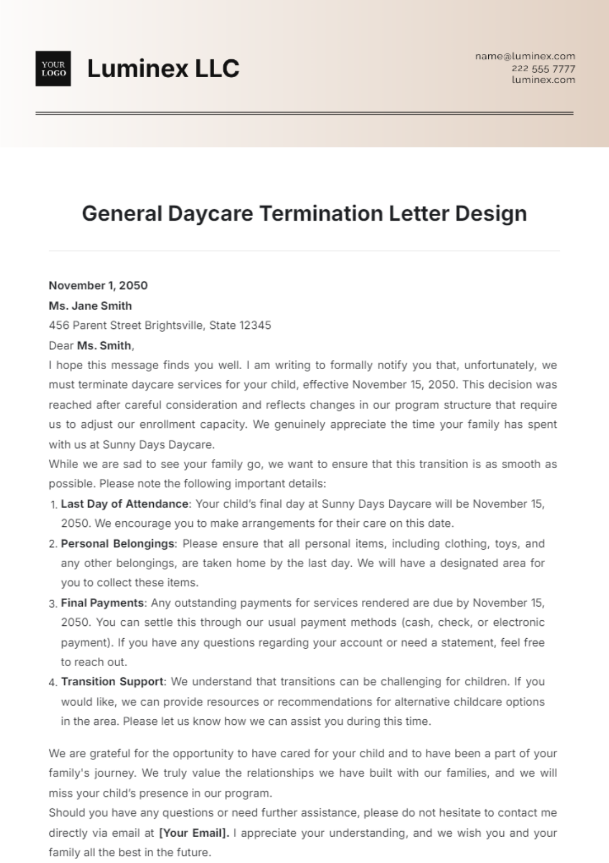 General Daycare Termination Letter Design Template