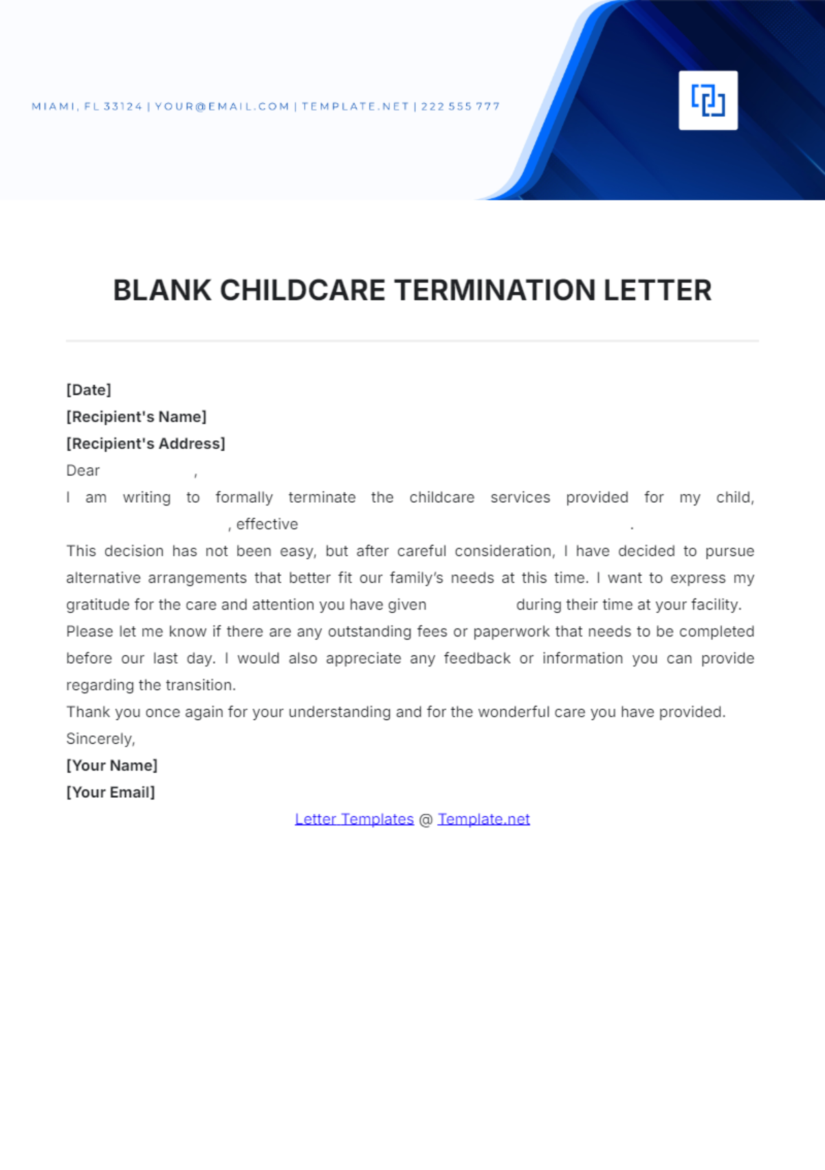 Blank Childcare Termination Letter - Edit Online & Download