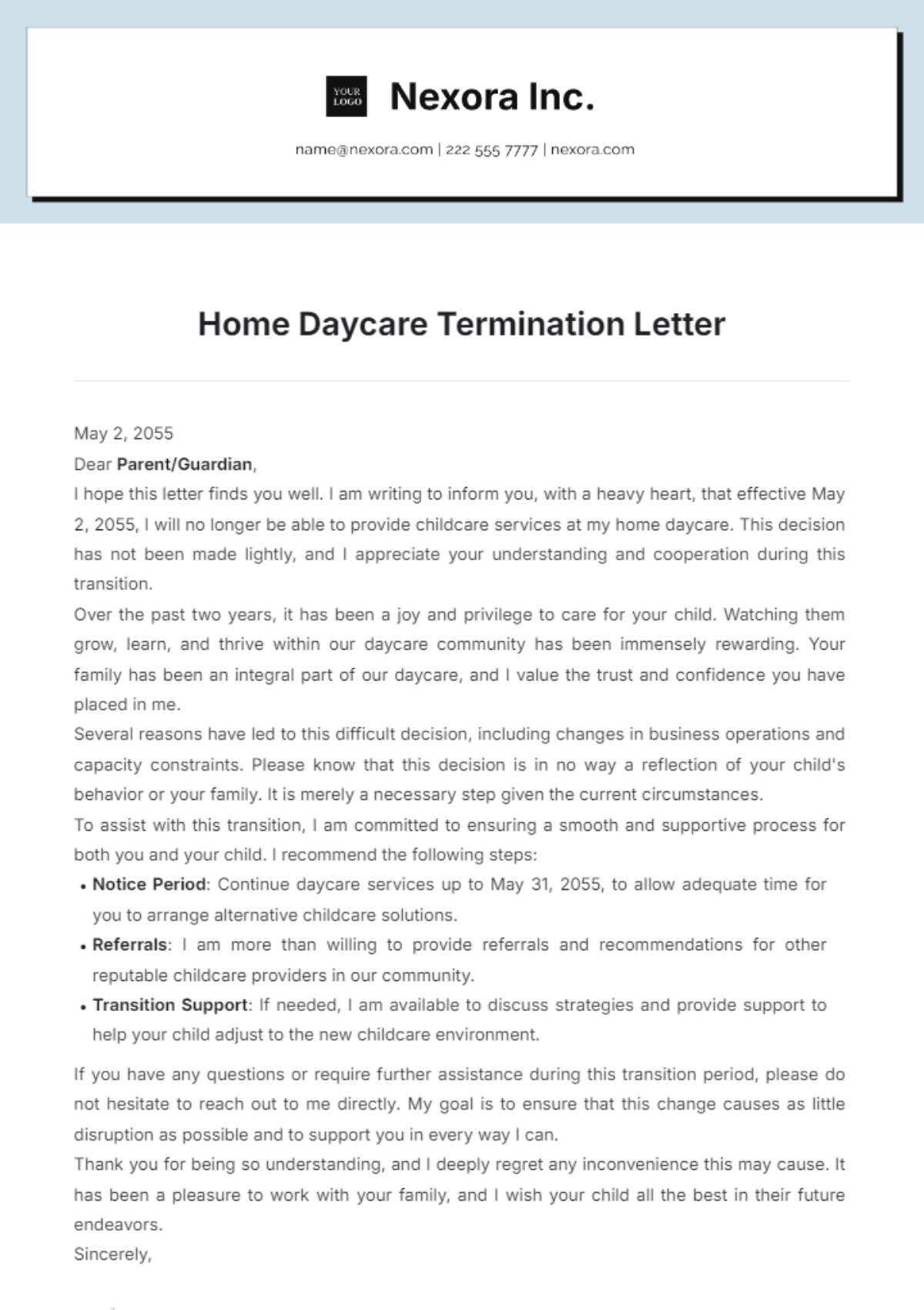 Home Daycare Termination Letter Template - Edit Online & Download