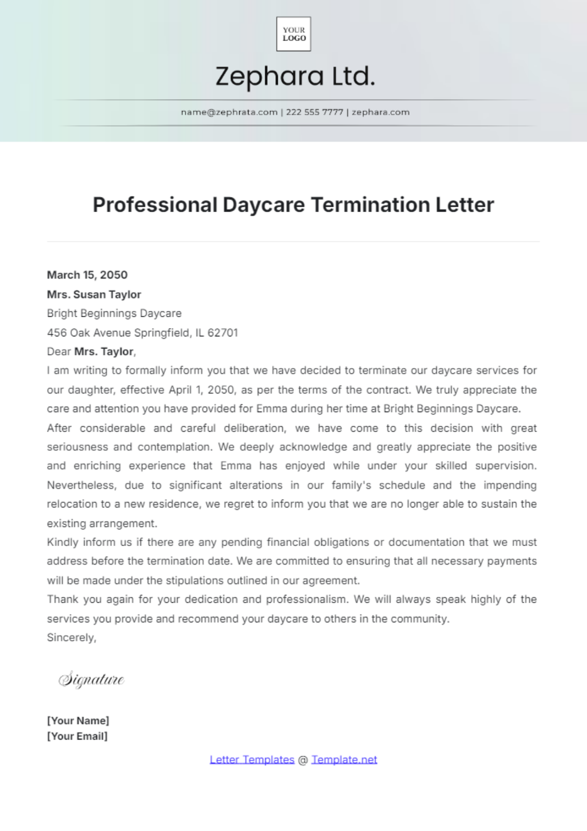 Professional Daycare Termination Letter Template - Edit Online & Download