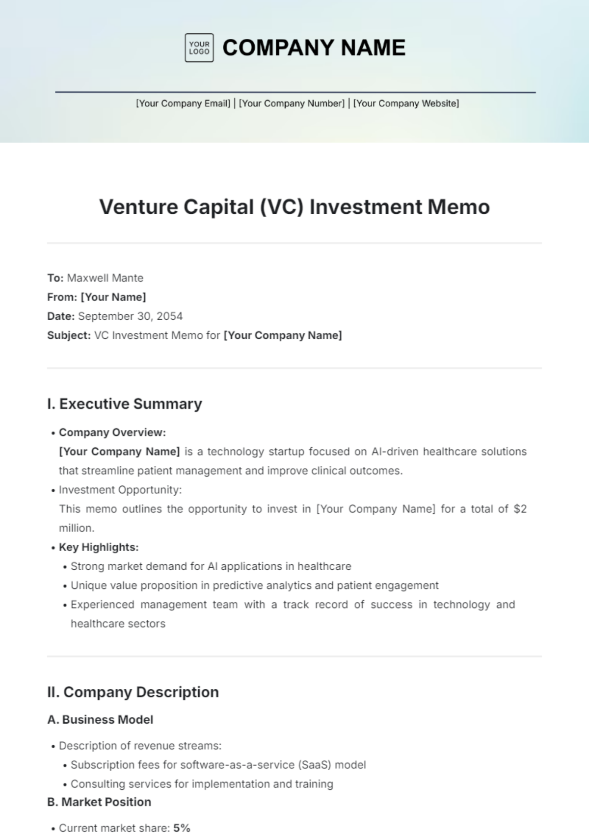 Venture Capital (VC) Investment Memo Template - Edit Online & Download