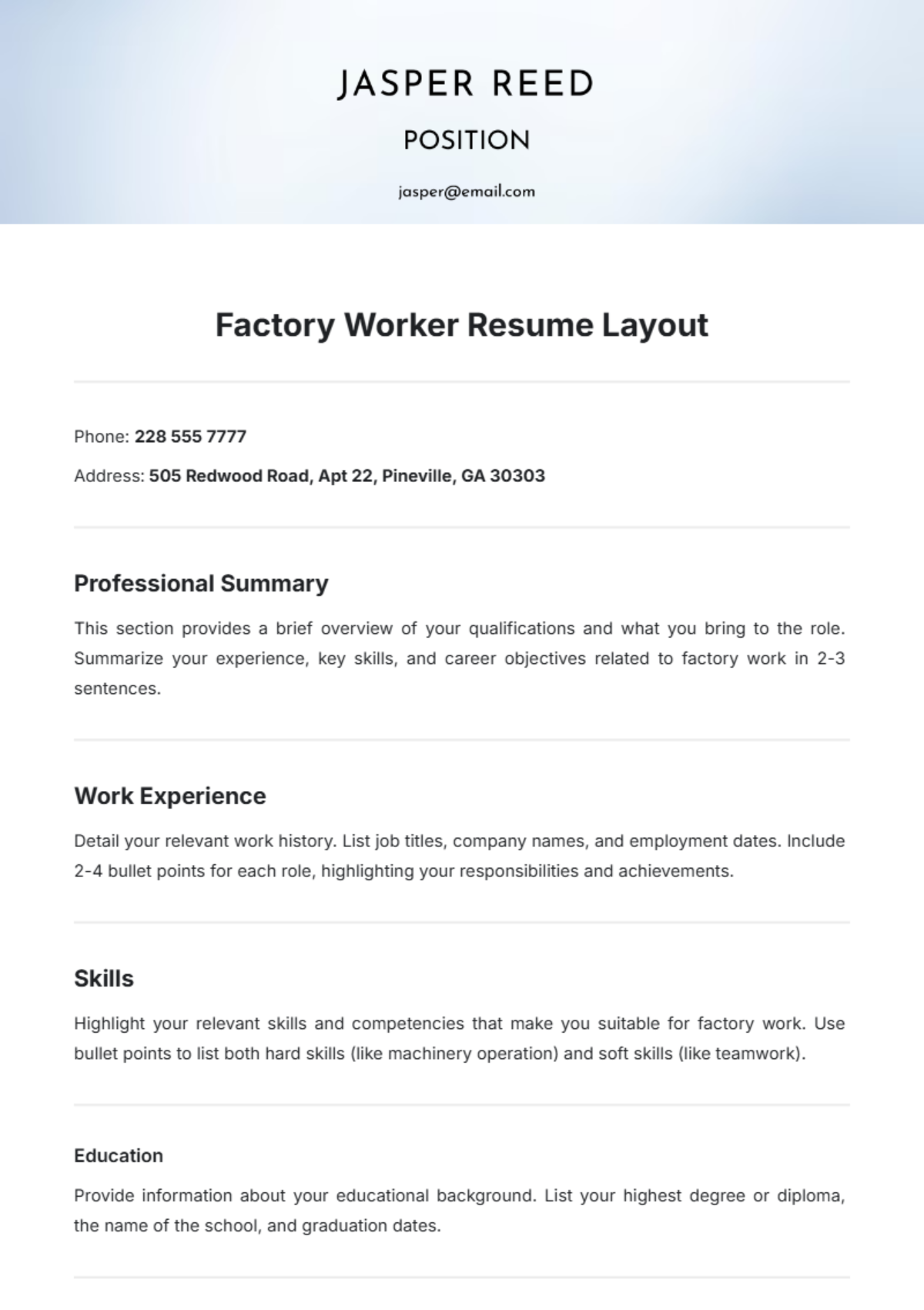 Factory Worker Resume Layout Template - Edit Online & Download