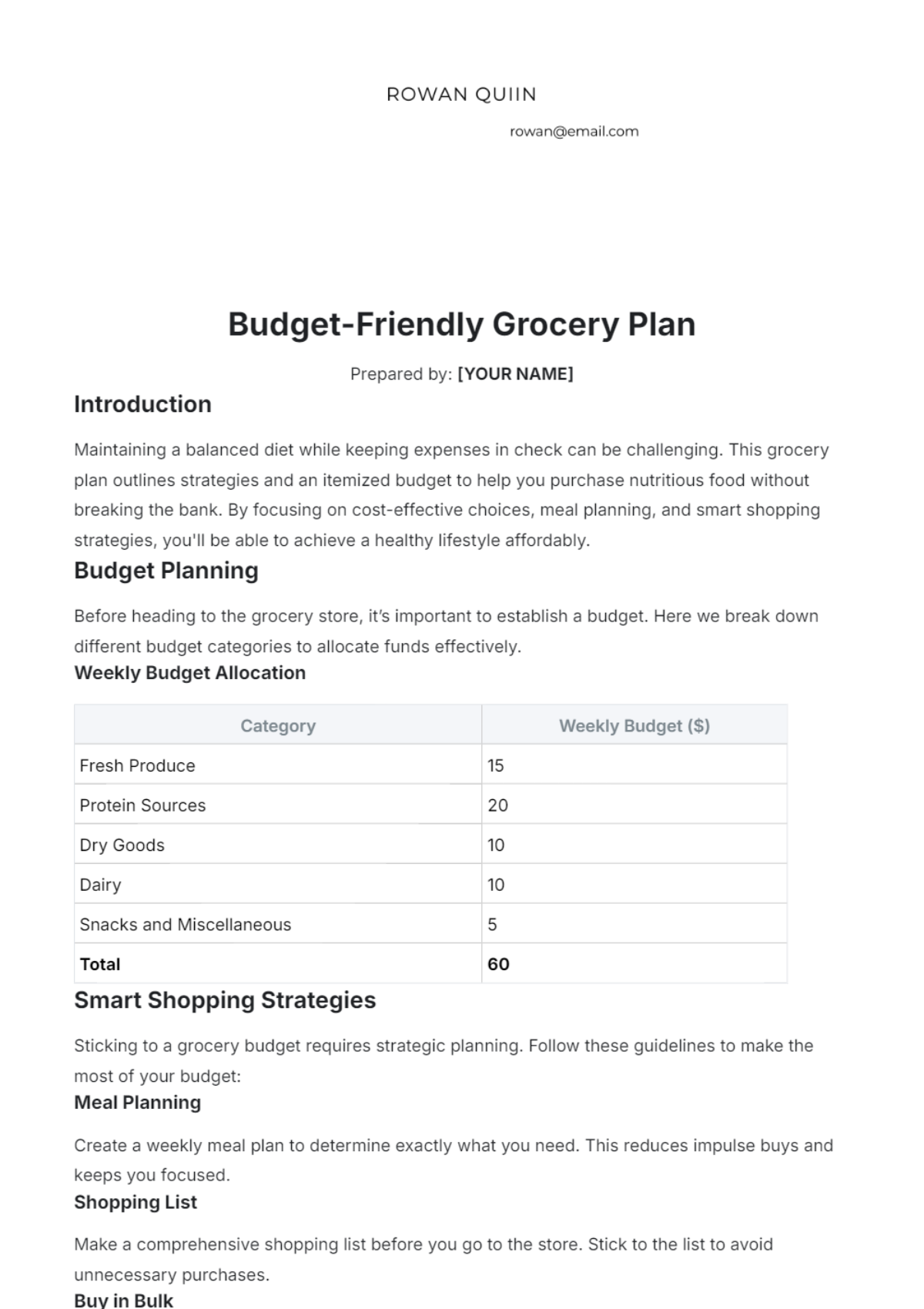 Budget-Friendly Grocery Plan Template