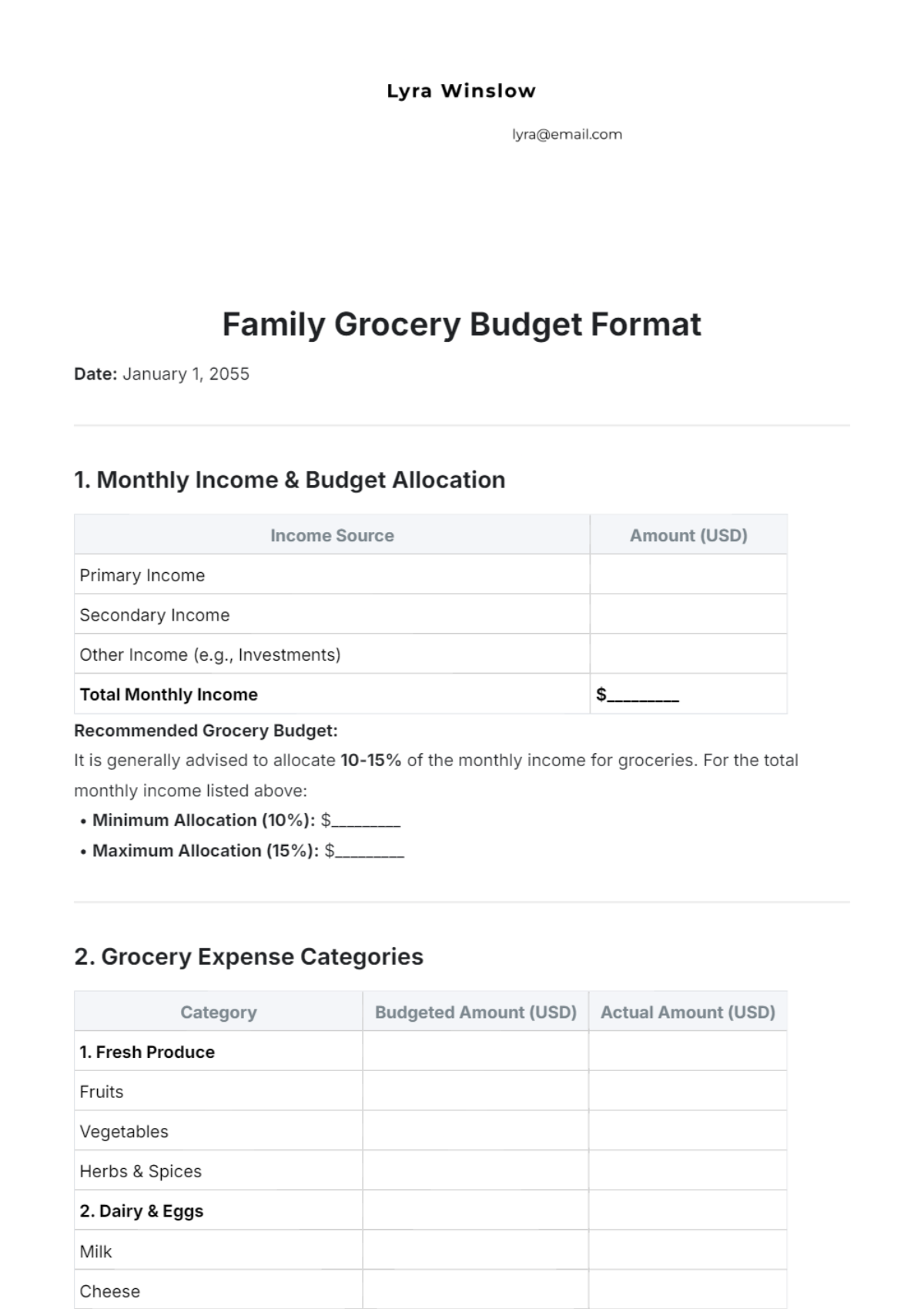 Family Grocery Budget Format Template