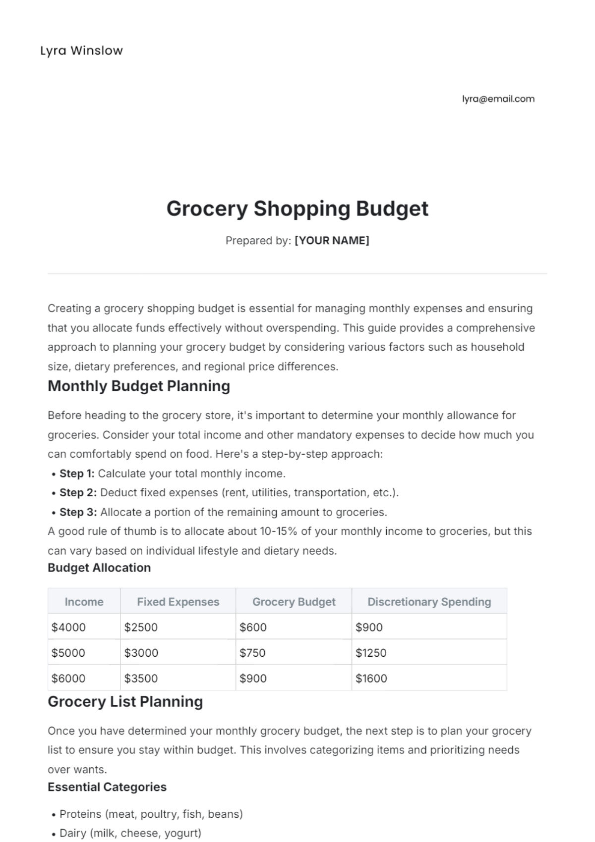 Grocery Shopping Budget Template