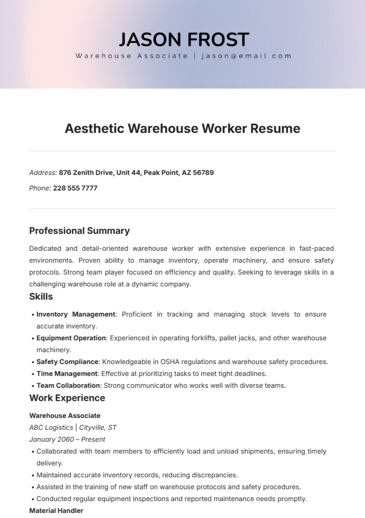 Aesthetic Warehouse Worker Resume Template - Edit Online & Download