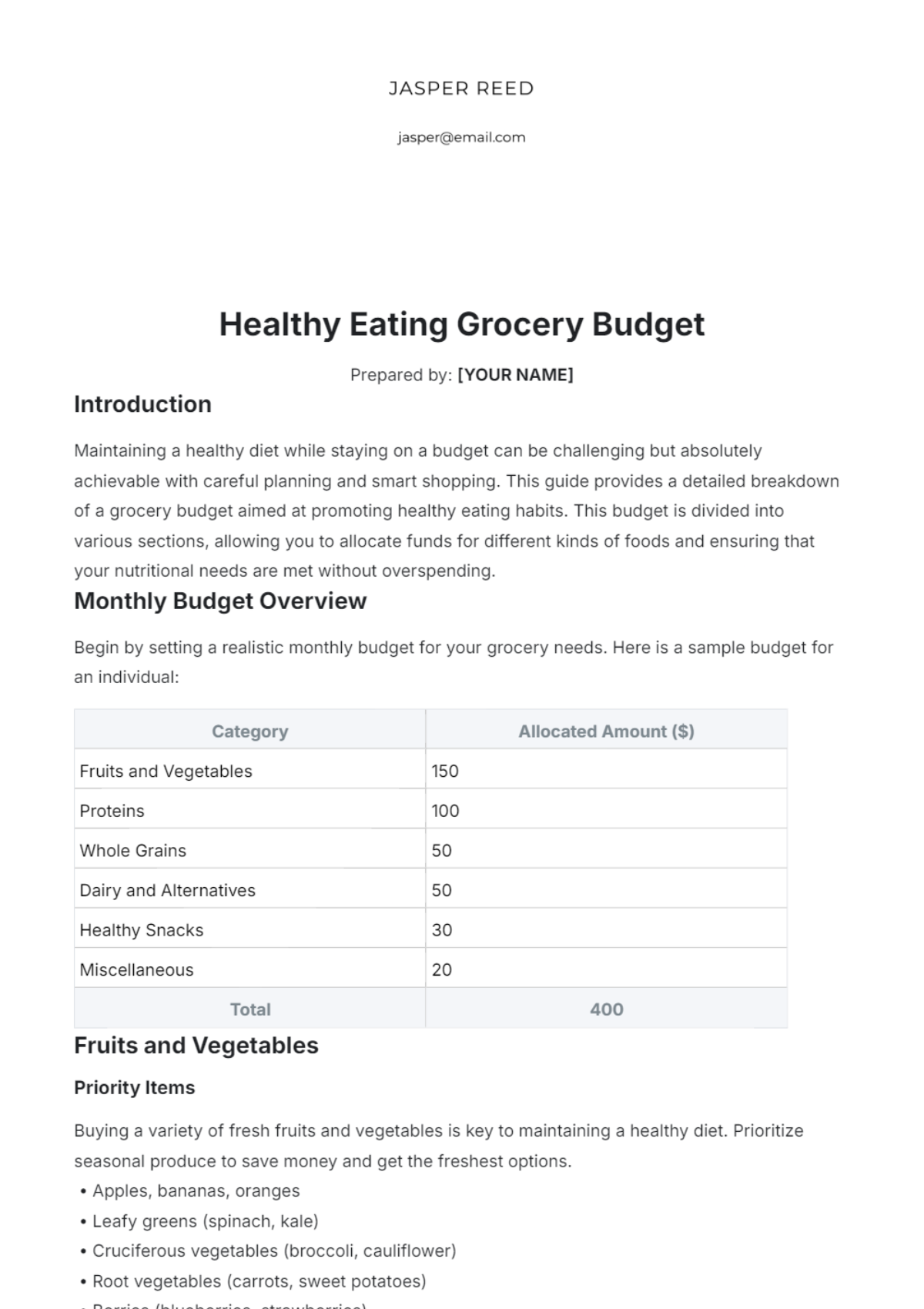 Healthy Eating Grocery Budget Template