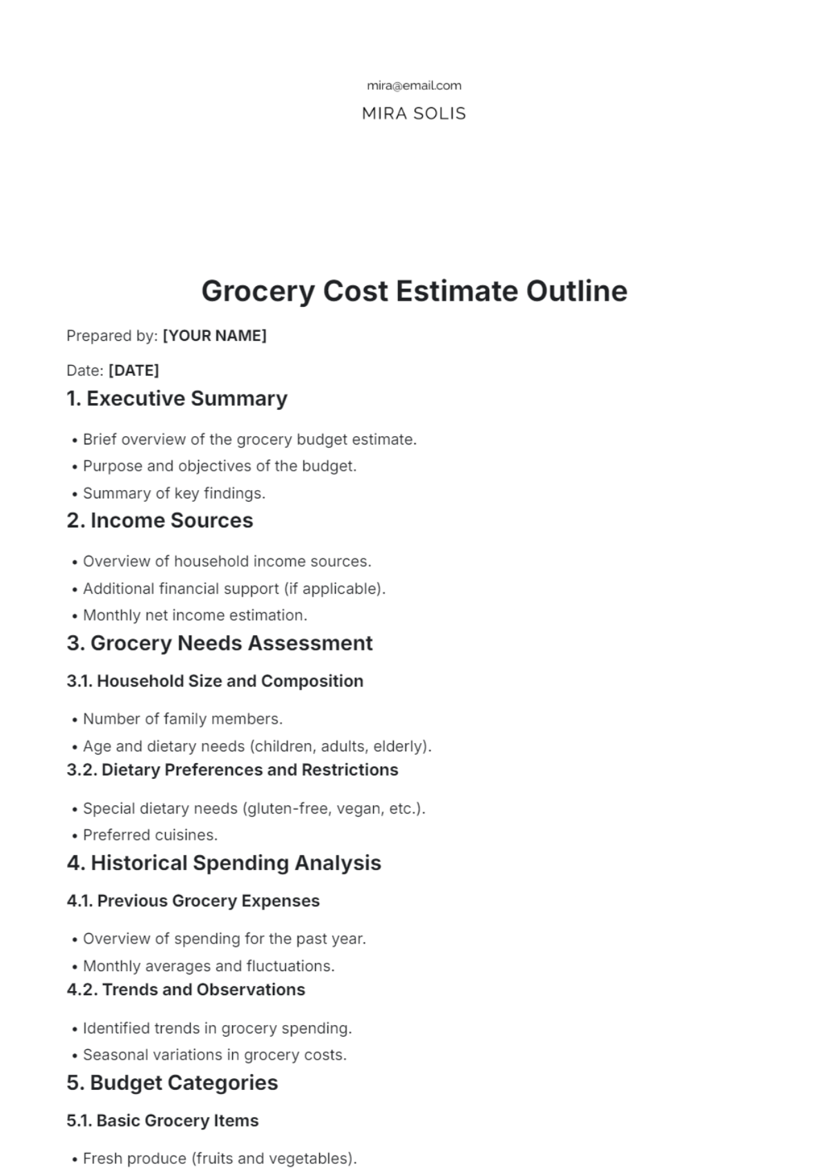 Grocery Cost Estimate Outline Template