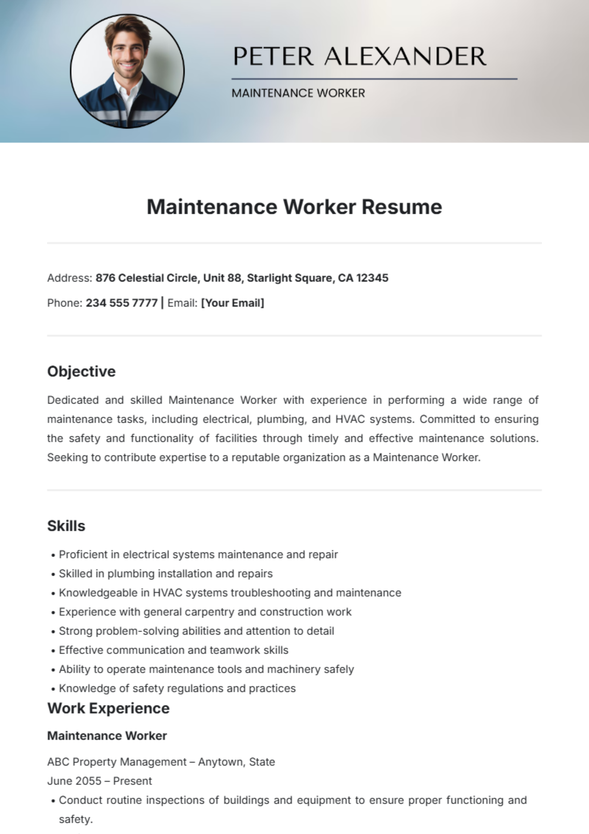 Maintenance Worker Resume Template - Edit Online & Download