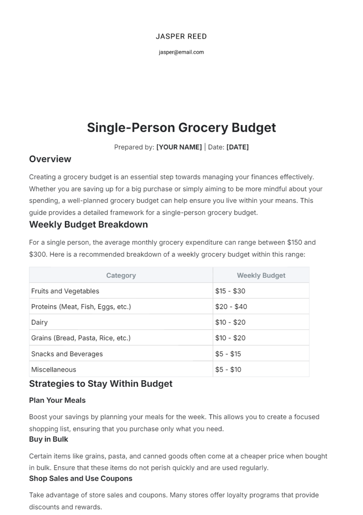 Single-Person Grocery Budget Template