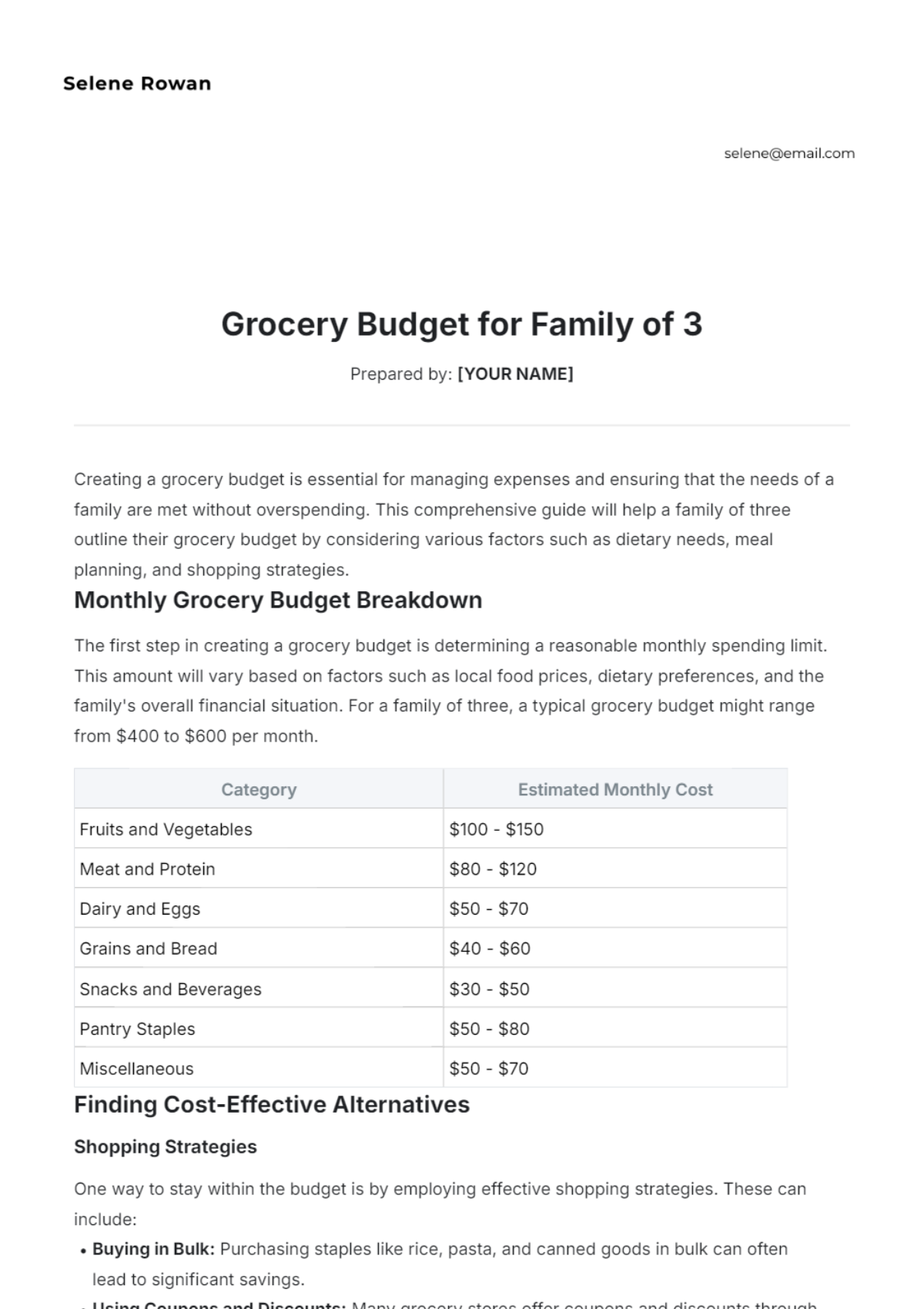 Grocery Budget for Family of 3 Template