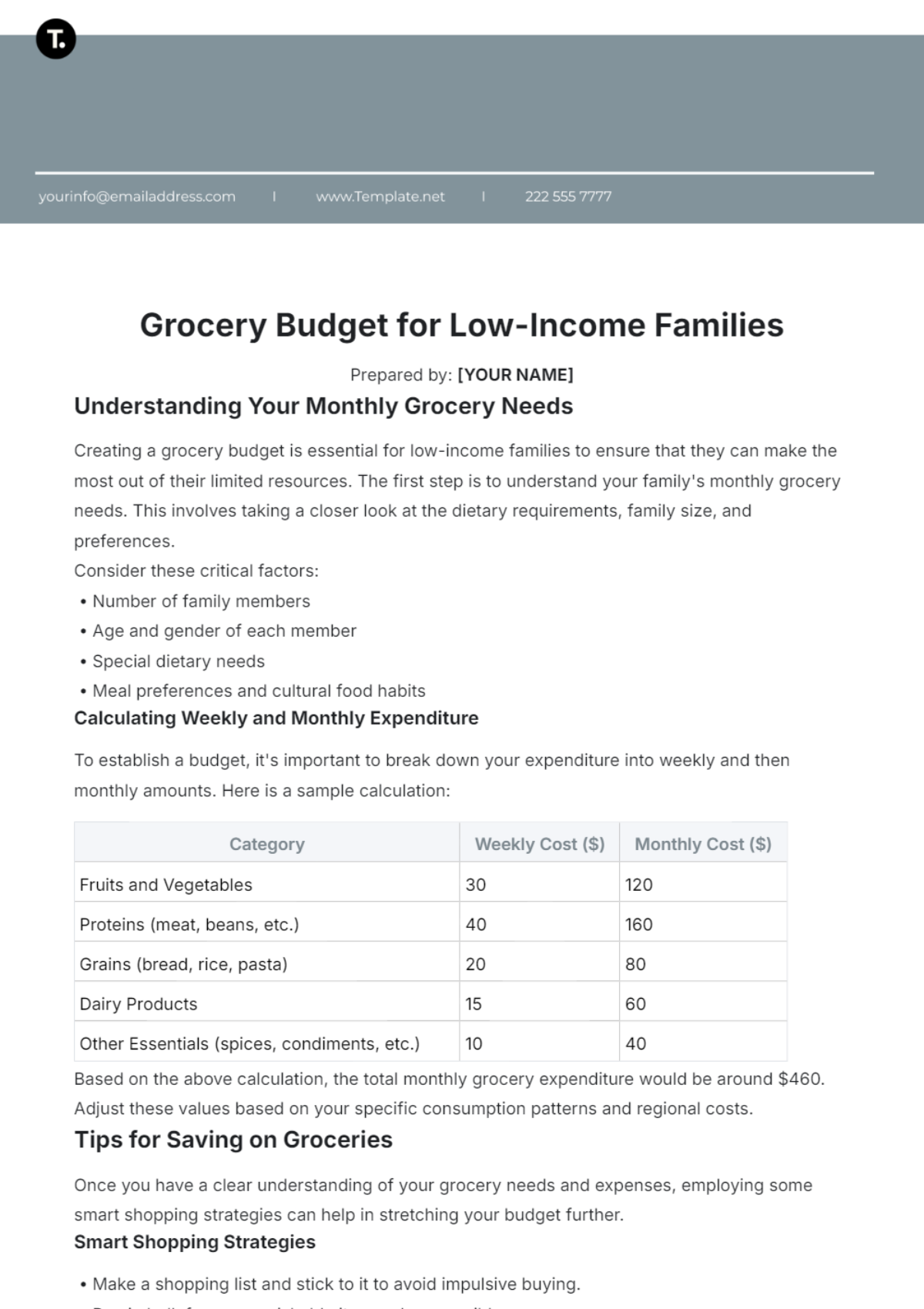 Grocery Budget for Low-Income Families Template