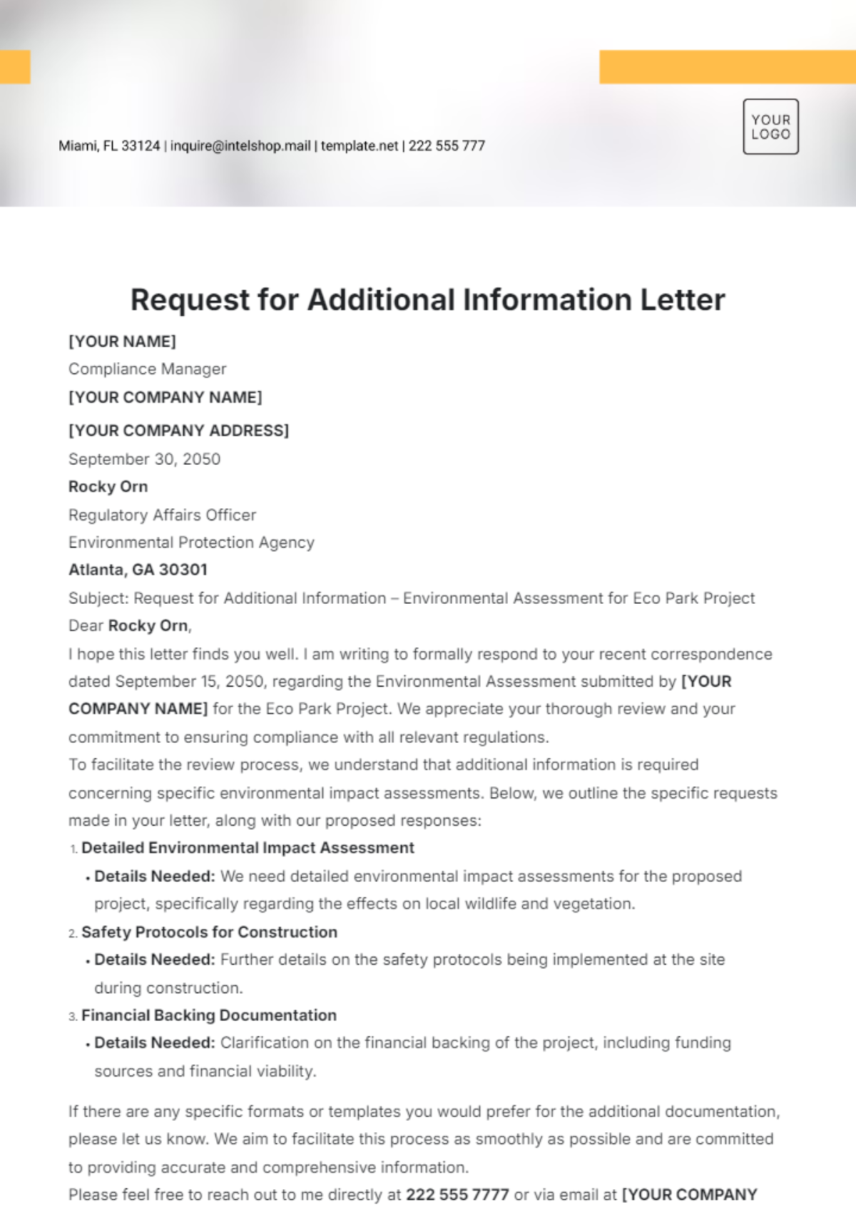 Request for Additional Information Letter Template