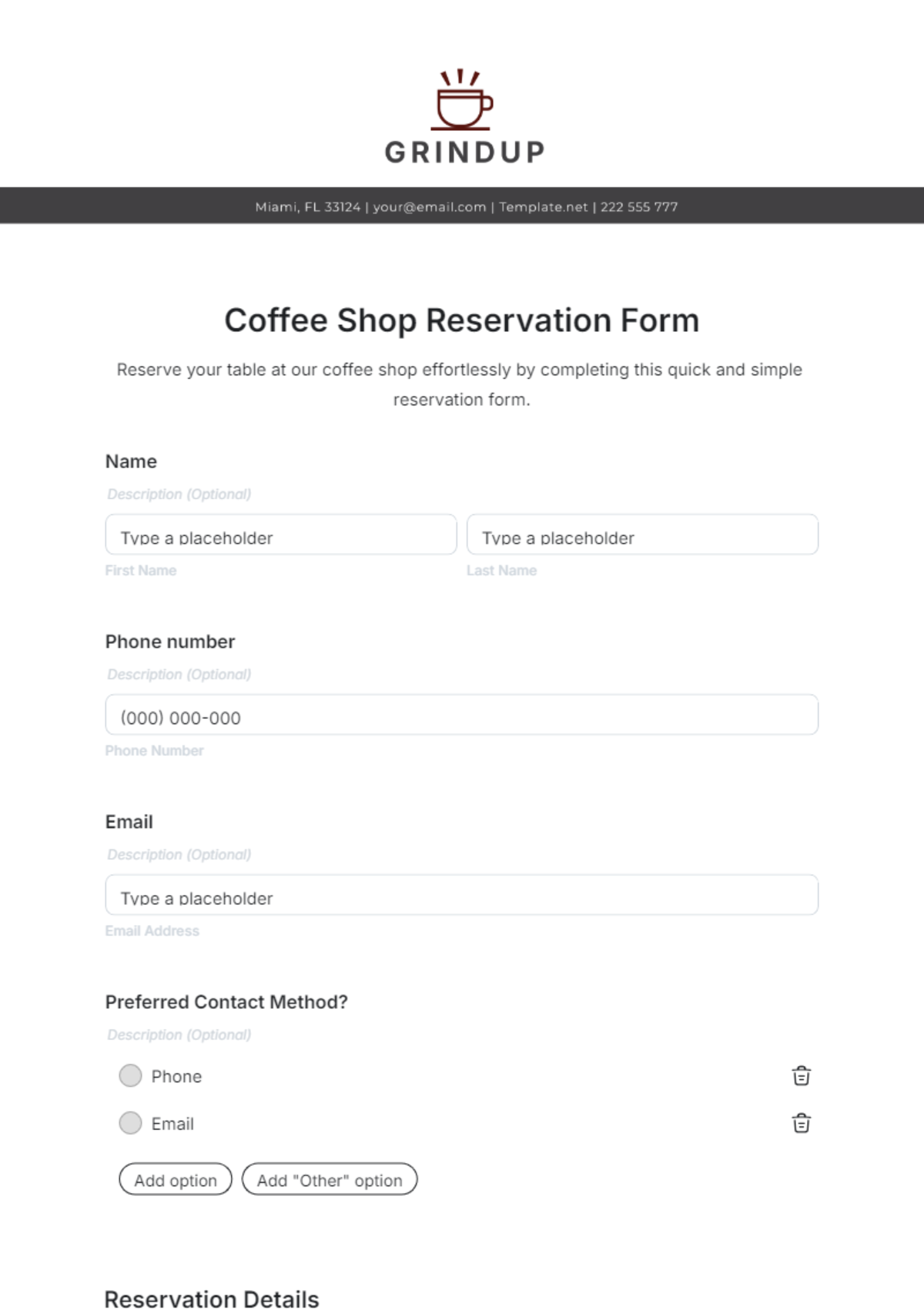 Coffee Shop Reservation Form Template