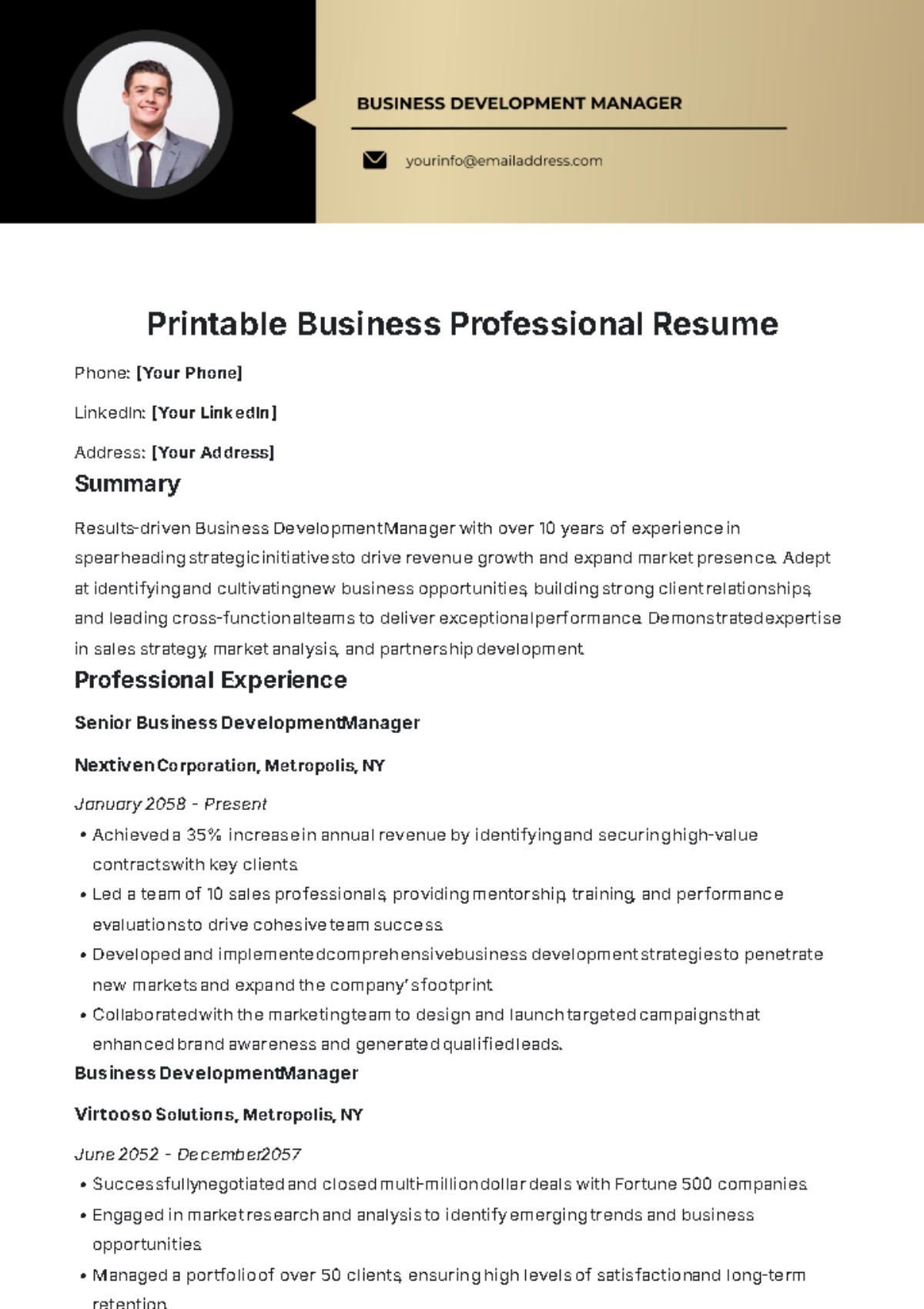 Printable Business Professional Resume Template - Edit Online & Download