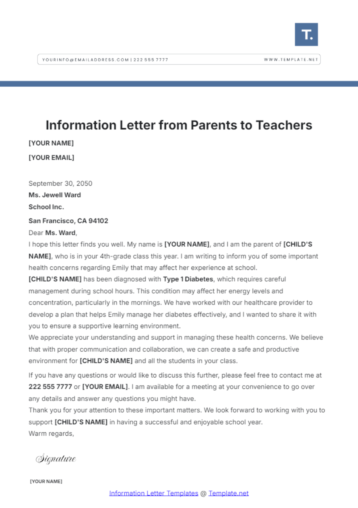 Information Letter from Parents to Teachers Template